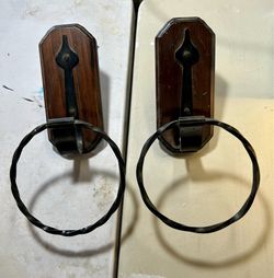 Vintage Wrought Iron and Wood Wall Mount Towel Rings - Pair medieval western