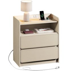 New -Nightstand with Charging Station 2 Drawer Saddle Leather Bedside Table