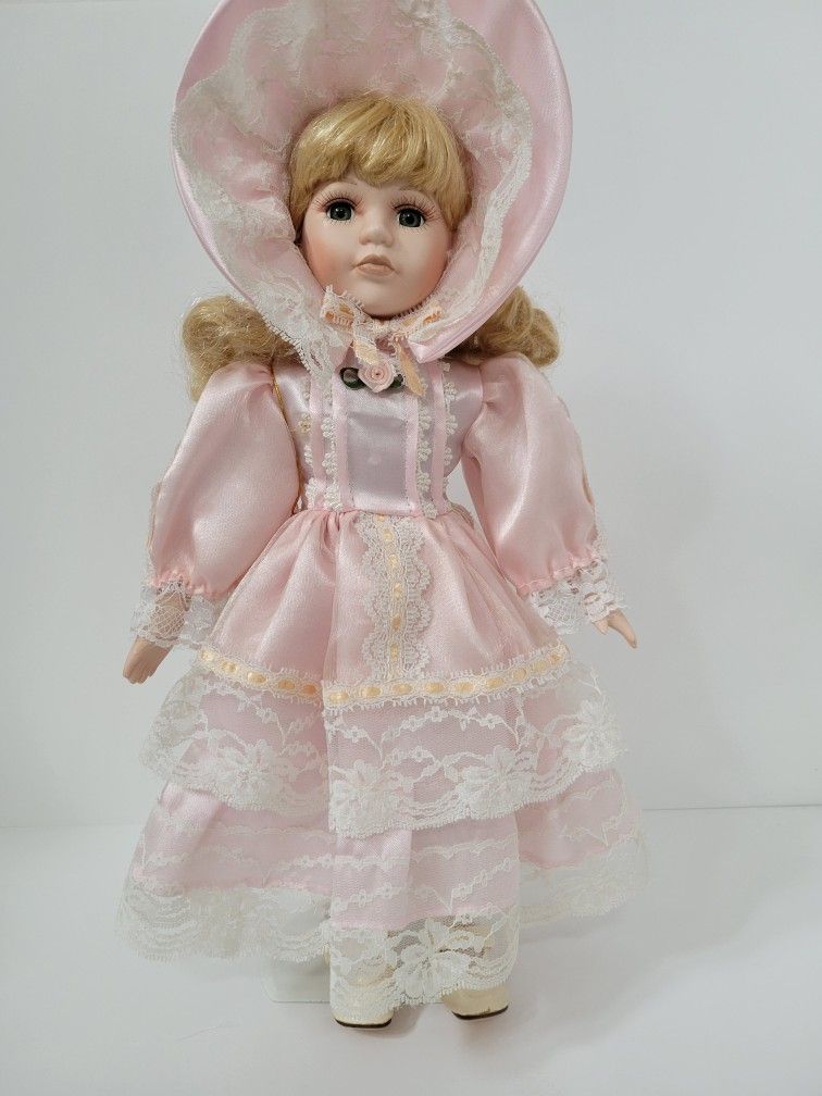 Beautiful Doll In Pink Satin and Lace Dress 16" Tall