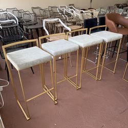 (6 available $35 each) 30 inch Gold Stackable Bar Stool with Grey Cushion