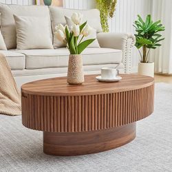 Oval Coffee Table with Hidden Storage, 31.5 Inch Wide Modern Coffee Table, Center Table with Fluted Veneered, Accent Tea Table for Small Space Living 