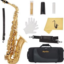 Apollo Alto Saxophone in gold lacquer with leather pads, complete with case and accessories