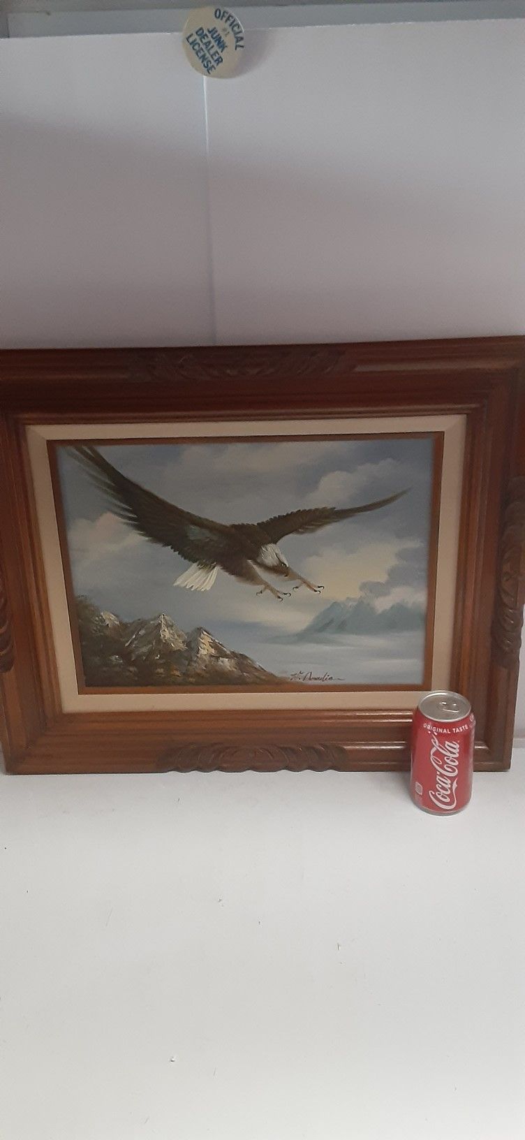 Vintage Framed Soaring Bald Eagle Mountains Oil On Canvas Painting Signed W. Amadio