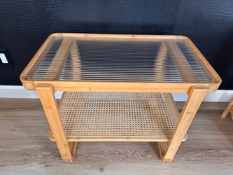 Bamboo Small Table with Glass Top and Cane Shelf