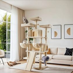 68" Extra Large Cat Tree Tower for Indoor Adult Cats with Plush Condo Basket, Sisal Scratching Ramp & Posts, Beige