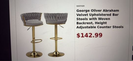 New George Oliver Abraham Gray Velvet Uphilstered Bar Stools W/ Adjustable Height (A399UH)
