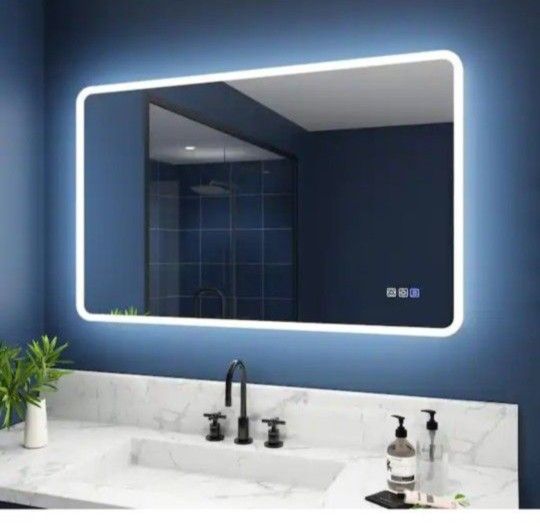 Wynnt 55 in. W x 36 in. H Rectangular Framed Wall LED Bathroom Vanity Mirror with Dimmable Anti-Fog Lighted Mirror in White