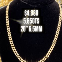 10K  5.65CT  6.5MM  Natural Diamonds Cuban Link  