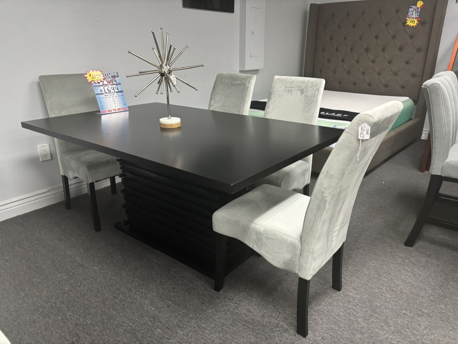 Dark Gray Dining Table W/ Design On The Base W/4 Free Chairs For Sale ( Furniture Assembly)