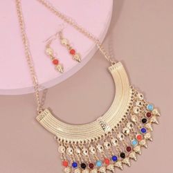 Colorful Stone Tassel Charm Gold Plated Set Necklace and Earrings