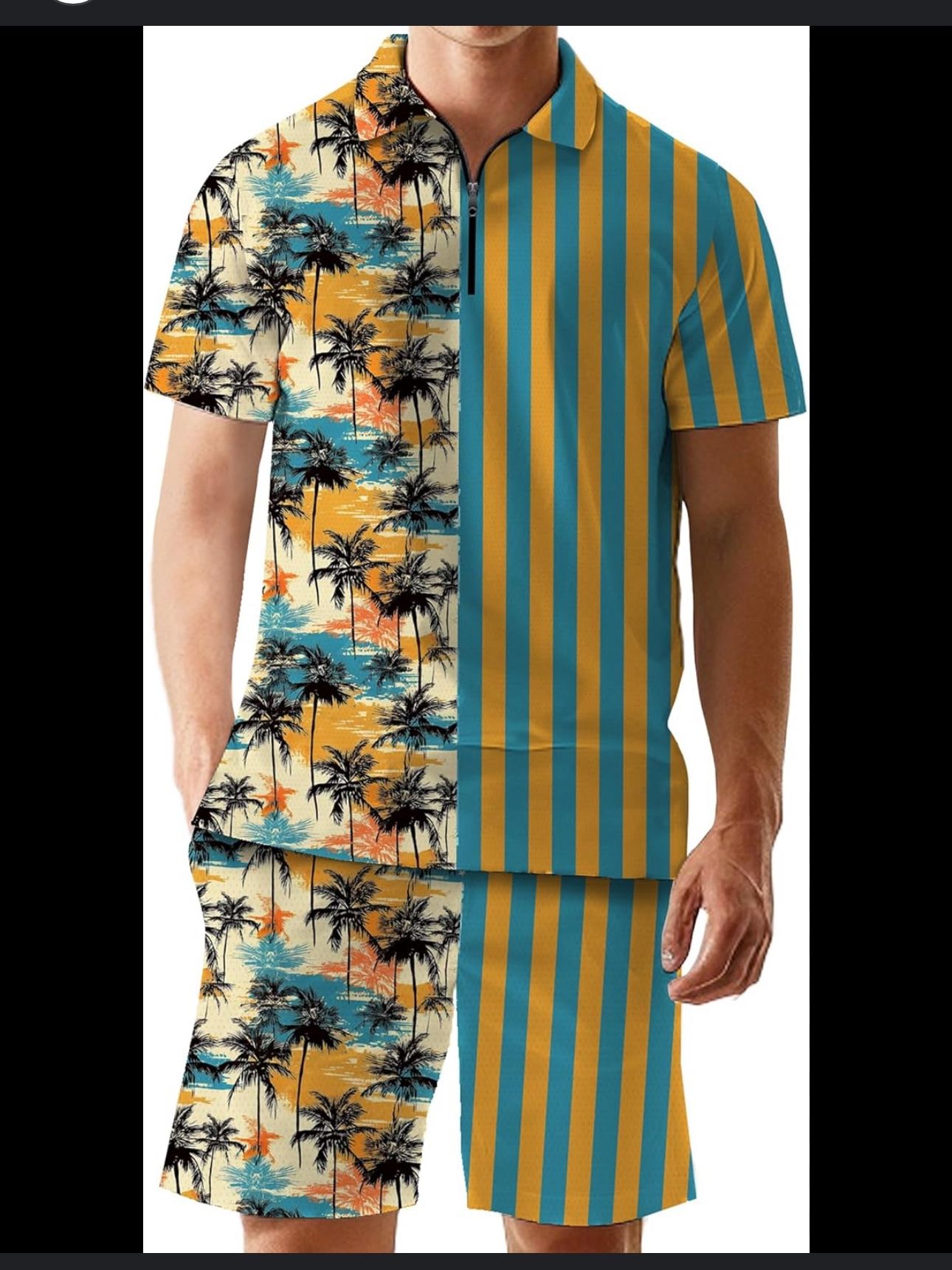 Men's 2 Piece Outfits Hawaiian Striped Print Short Sleeve Summer Shirt and Shorts Set
