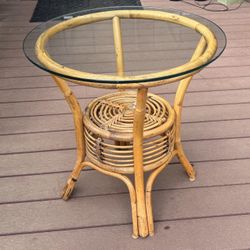 Mid Century Vintage Bent Rattan & Woven Wicker Side Table With Glass Top - 24x24