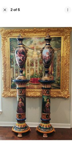 Pair of Tall Huge Porcelain Majolica Portrait Palace Plant PEDESTALS ONLY Lion Feet