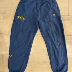 Felt Embroidered Sweatpants Men Size L Blue Butterfly Drawstring Fleece