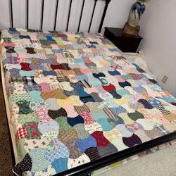 Vintage Distressed Apple Core Bow Tie Hand Sewn Scrappy Quilt 74”x82” Multicolor Has damage as shown in pics