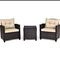 3-piece Rattan Wicker Patio Conversation Set Sofa Coffee Table With Yellowish Cushions