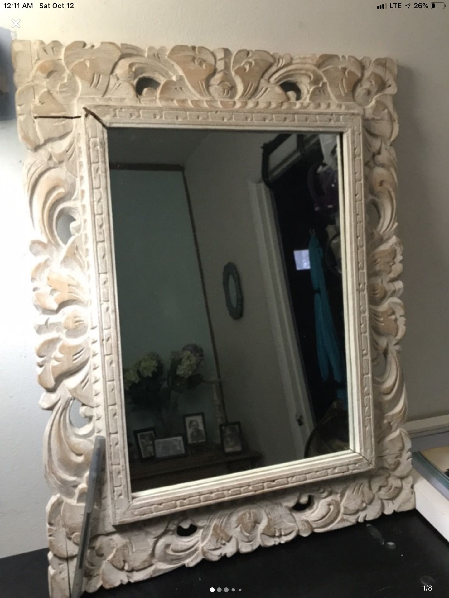 White wooden framed wall mirror 19”x 15"