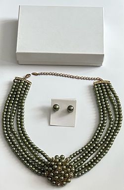 Signed Vintage VCLM TM Nordstrom Pearl Statement Necklace & Earrings Set - Jade Green