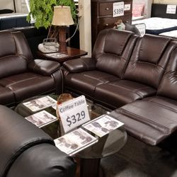 Brand New Brown Synthetic Leather Or Padded Fabric Manual Reclining Sofa + Loveseat 2PCs Set