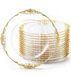 Jowwcen 12 Pcs Baroque Plastic Charger Plates With Gold Rim, 14" Vintage Clear Dinner Charger Dessert Plates, Round Lace Serving Plate For Wedding Par
