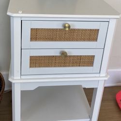 White Wood Rattan Nightstand With Double Drawers And Shelf 