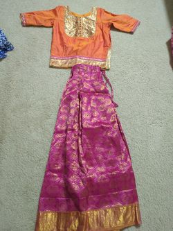 Silk Induan outfit, orange top magenta pinkish skirt