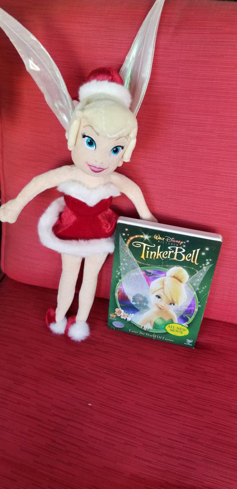 16" Disney Parks Christmas Tinkerbell Plush Doll & Tinkerbell Dvd.