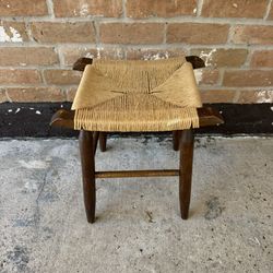  Vintage Rustic  Woven Rush Seat Stool Danish Modern Style MidShort