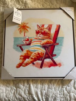 Framed Beach Cat Wall Art | Coastal Canvas Decor