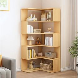 BRAND NEW 
IOTXY 6-Tier L-Shaped Corner Bookshelf - 66" Tall Wooden Freestanding Bookcase with Open Shelf Units, Oak
