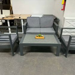 Outdoor Patio Furniture Set, 4 Pieces Aluminum Sectional Sofa, Metal Patio Conversation Set with Loveseat, 5 Inch Grey Cushion and Coffee Table (Dark 