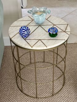 20”H Gold and White Geometric Marble Top Accent Side Table