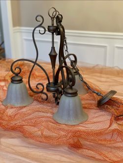 Bronze Scroll Chandelier with Frosted Glass Shades