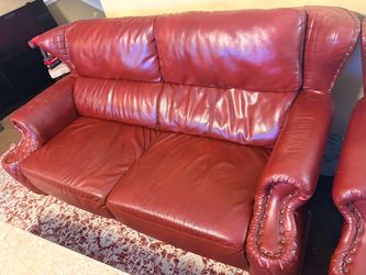 Red Leather 3-Seat Sofa with Nailhead Trim