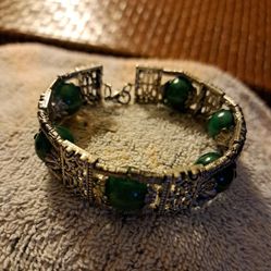 Green Jade and Silver Tibetan Bracelet