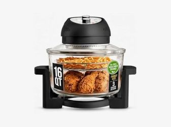 Granitestone 16 Qt Large Glass Air Fryer Non Toxic, Black PFOA/PTFE/BPA Free, Large Family Sized Airfryer Cooker with 3 Cooking Sections, No Preheat, 