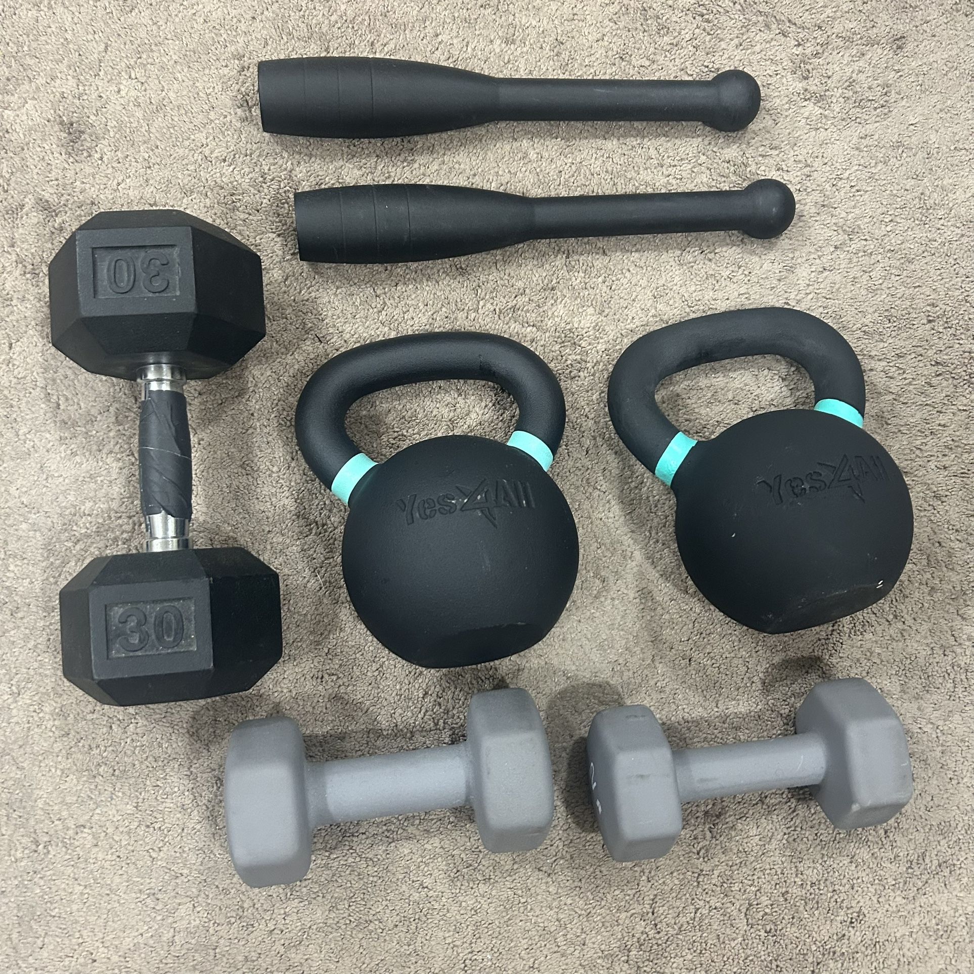 Two 44LB Kettlebells And Steel clubs & More