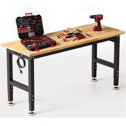 60" Adjustable Work Bench with Power Outlet, Rubber Wood Top Work Table, Heavy Duty Work Bench, 2000