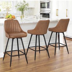 Set Of 3 New Barstools Swivel Faux Leather 