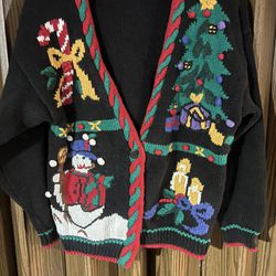 Vintage 1980s Black Knit Fun Holiday Cardigan Ugly Christmas Sweater Women's Size Medium 