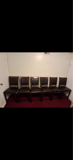 6 Solid Dark Oak Leather Dining Table Chairs