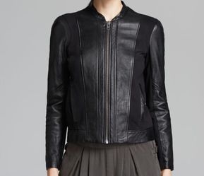 Black Designer Helmut Lang XS size Petite Black lamb skin leather bomber jacket