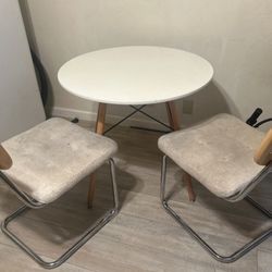 Wood Table and Rattan Chair Set of 2 Mid Century Modern 
