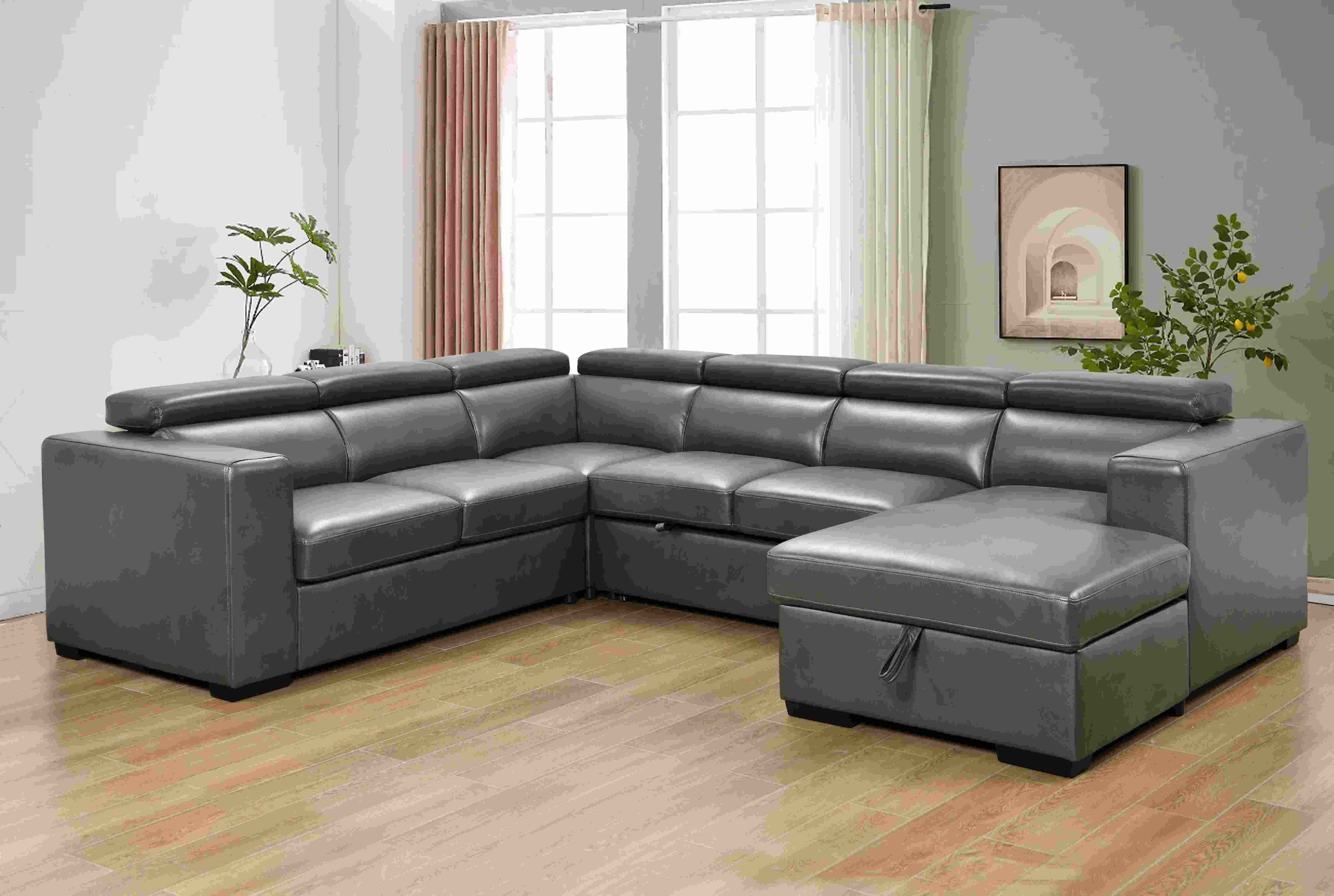 123 Modern U Shaped 7-seat Sectional Sofa Couch with Adjustable Headrest, Sofa Bed with Storage Chaise-Pull Out Couch Bed for Living Room ,Gray