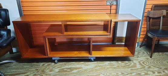 beautifully functional pair of "L" shaped Modernist extendable CREDENZA display SHELVES and More 