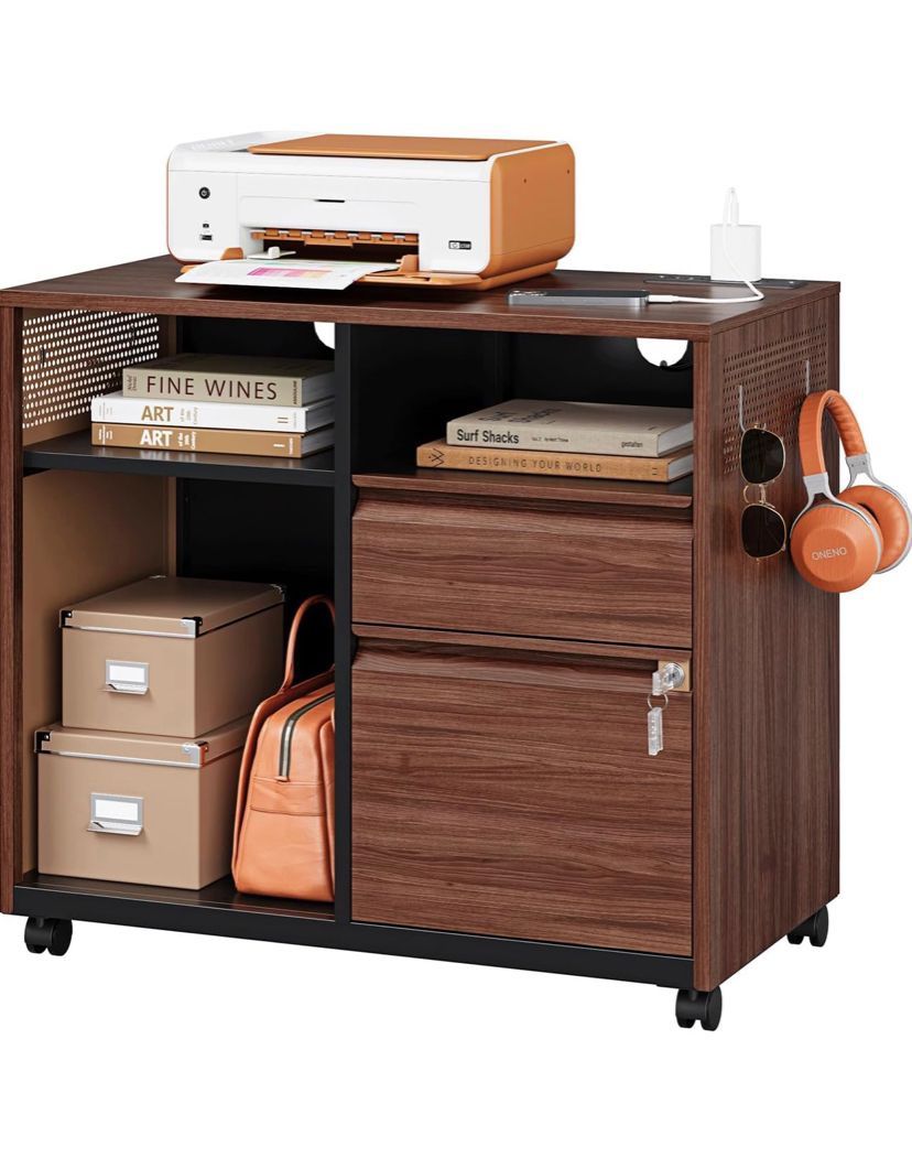 Mobile 2 Drawer File Cabinet,Metal File Cabinet with Lock and power outlets 