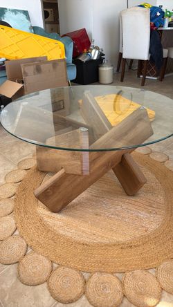 Round Glass Top Coffee Table with Wood Base