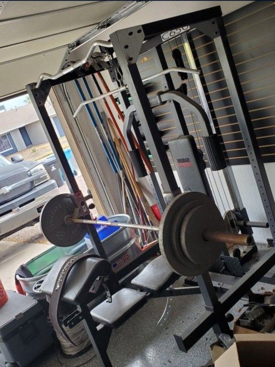 Weight Bench/squat Rack Plus Bar And 250lbs In Weights