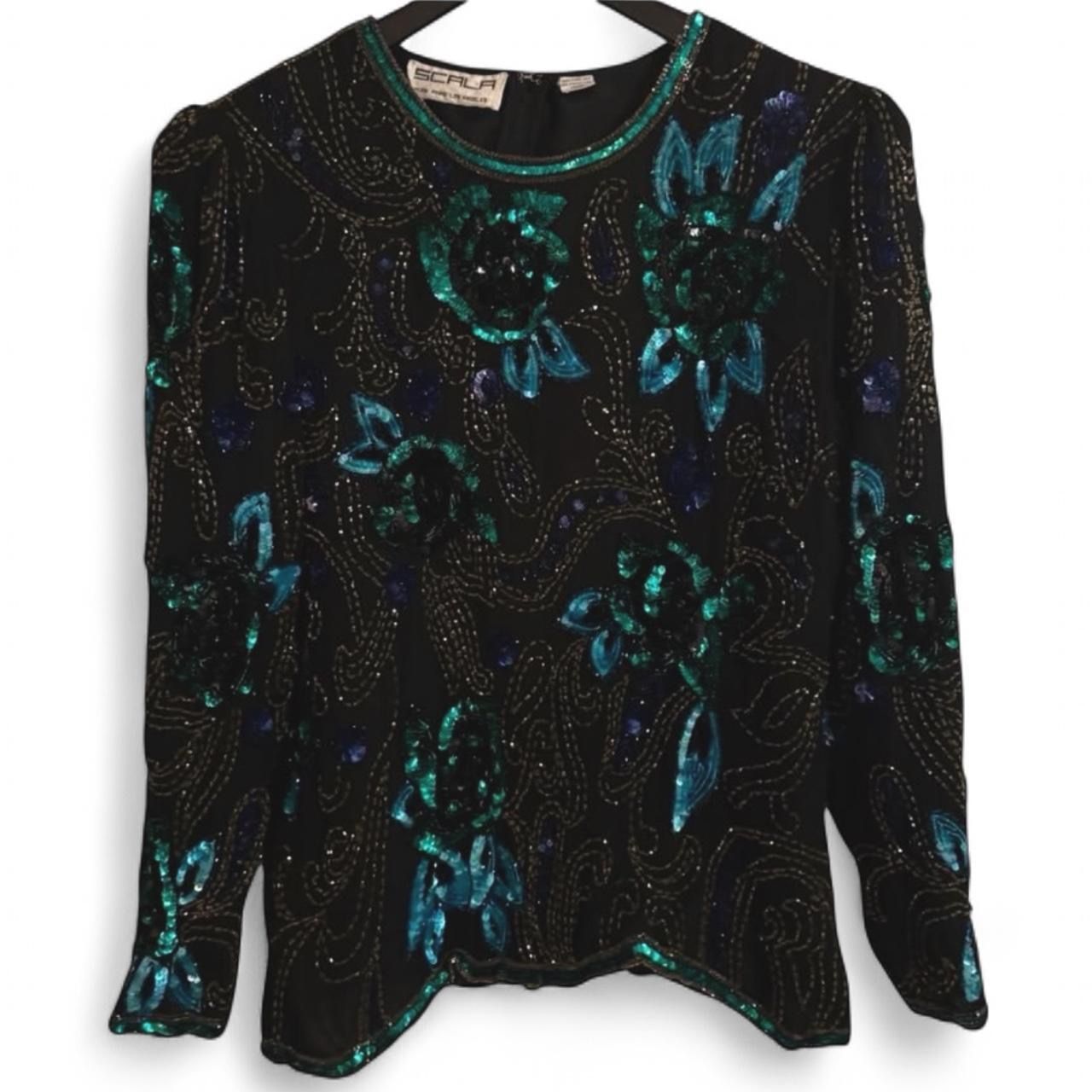 SCALA 80’s Black & Teal Silk Beaded & Sequined Floral Formal Blouse Sz XL