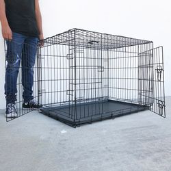 (NEW) $65 Folding 42” Dog Cage 2-Door Pet Crate Kennel w/ Tray 42”x27”x30”